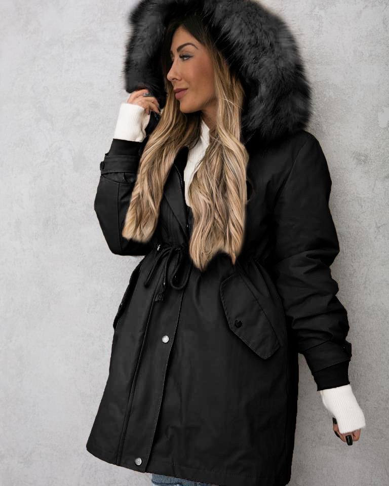 Γυναικείο χοντρό-ζεστό μπουφάν με γούνα στην κουκούλα PKF02 μαύρο