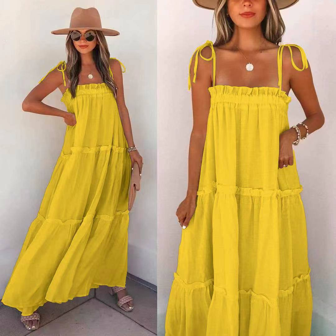 Γυναικείο μακρύ φόρεμα με λεπτές τιράντες 4679 κίτρινο