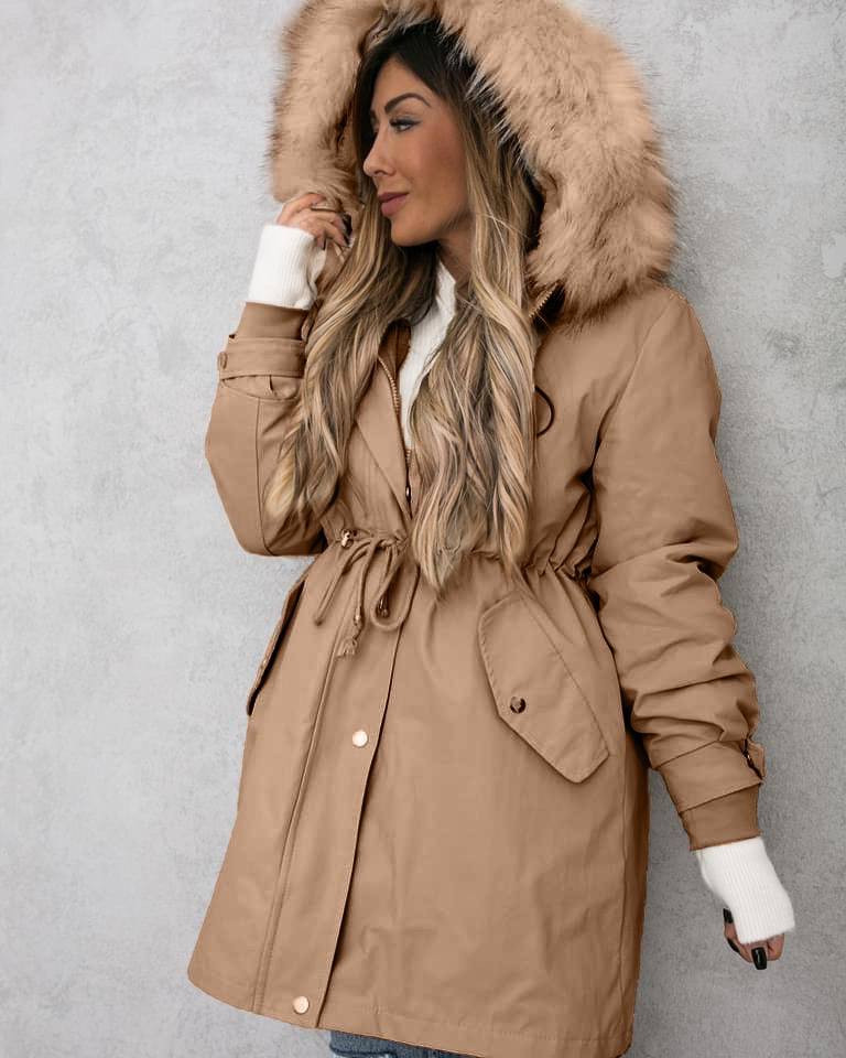 Γυναικείο χοντρό-ζεστό μπουφάν με γούνα στην κουκούλα PKF02 καμηλό