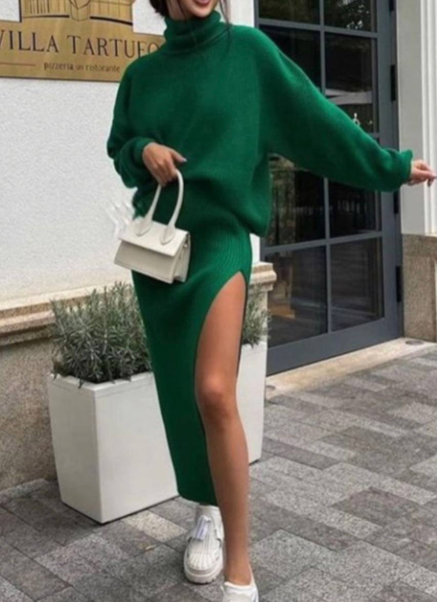 Γυναικείο πλεκτό σετ φούστα-μπλούζα 001068 πράσινο