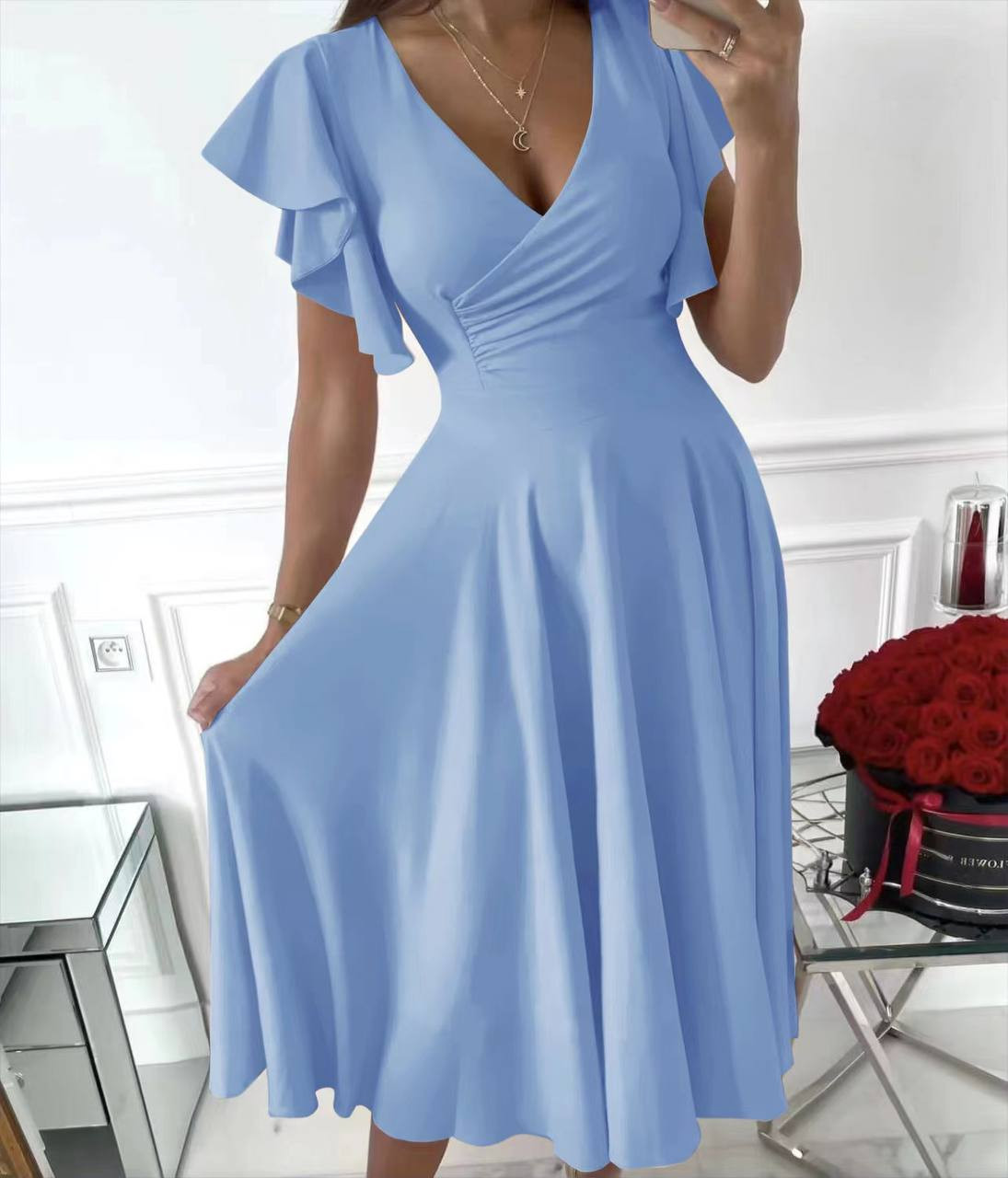 Γυναικείο φόρεμα με μήκος κάτω απο το γόνατο 6662 γαλάζιο