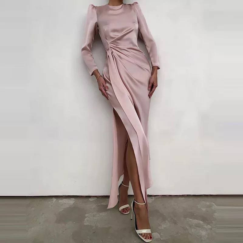 Γυναικείο κομψό σατέν φόρεμα 21684 ροζ