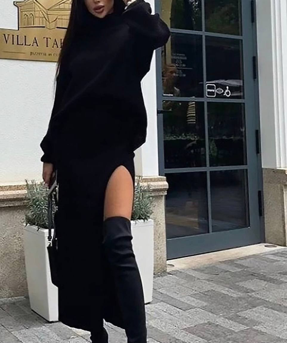 Γυναικείο πλεκτό σετ φούστα-μπλούζα 001068 μαύρο
