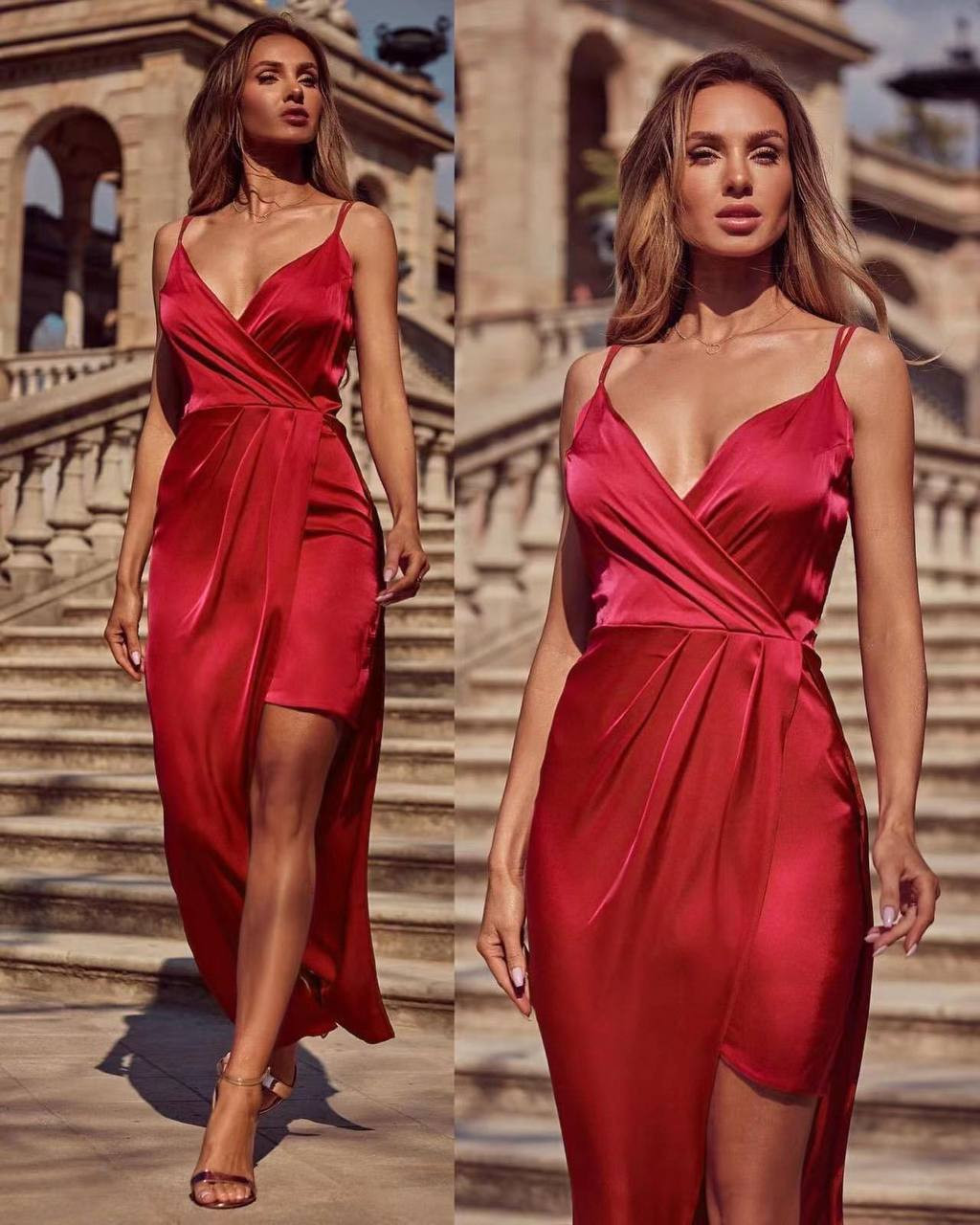 Γυναικείο σατέν φόρεμα 8511 κόκκινο