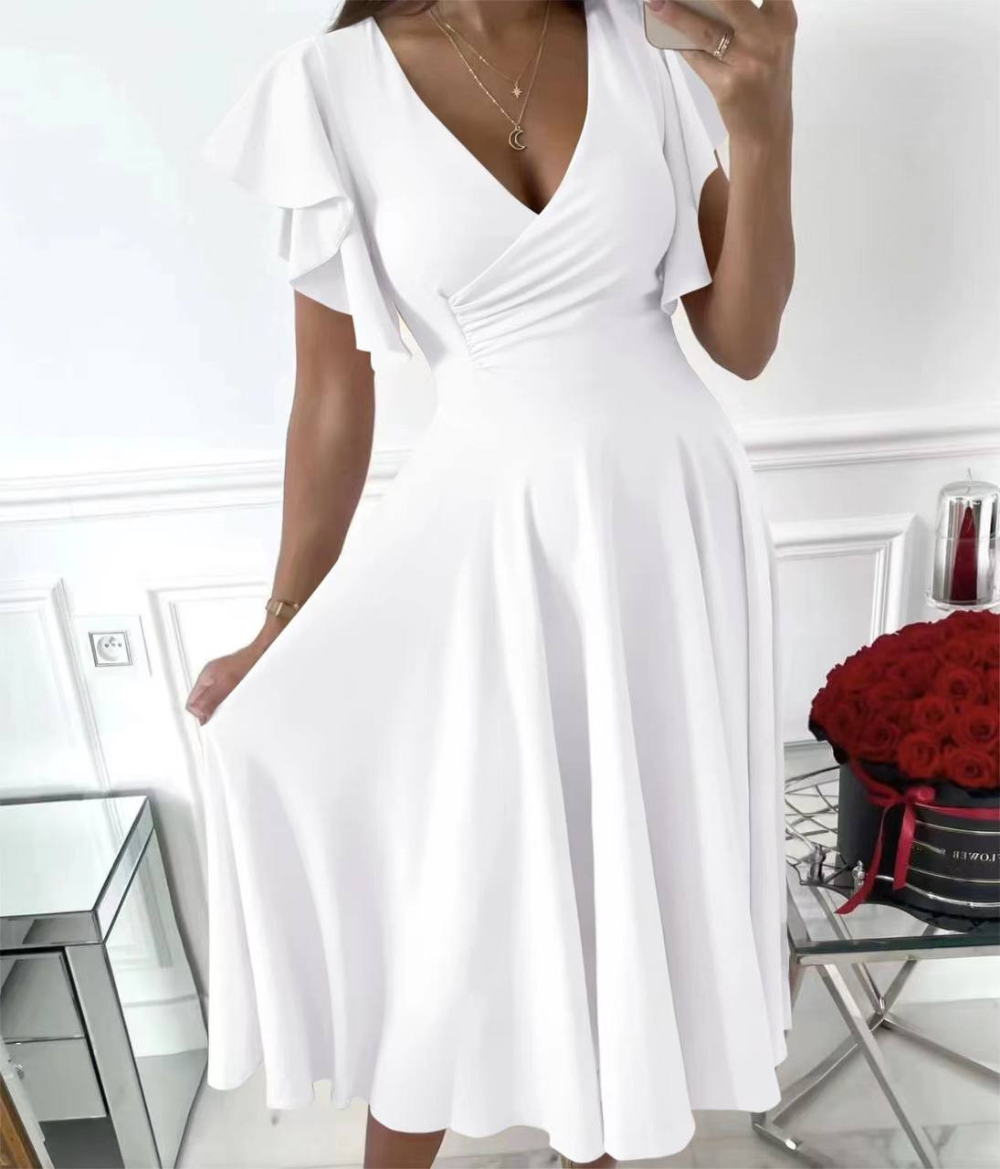 Γυναικείο φόρεμα με μήκος κάτω απο το γόνατο 6662 άσπρο