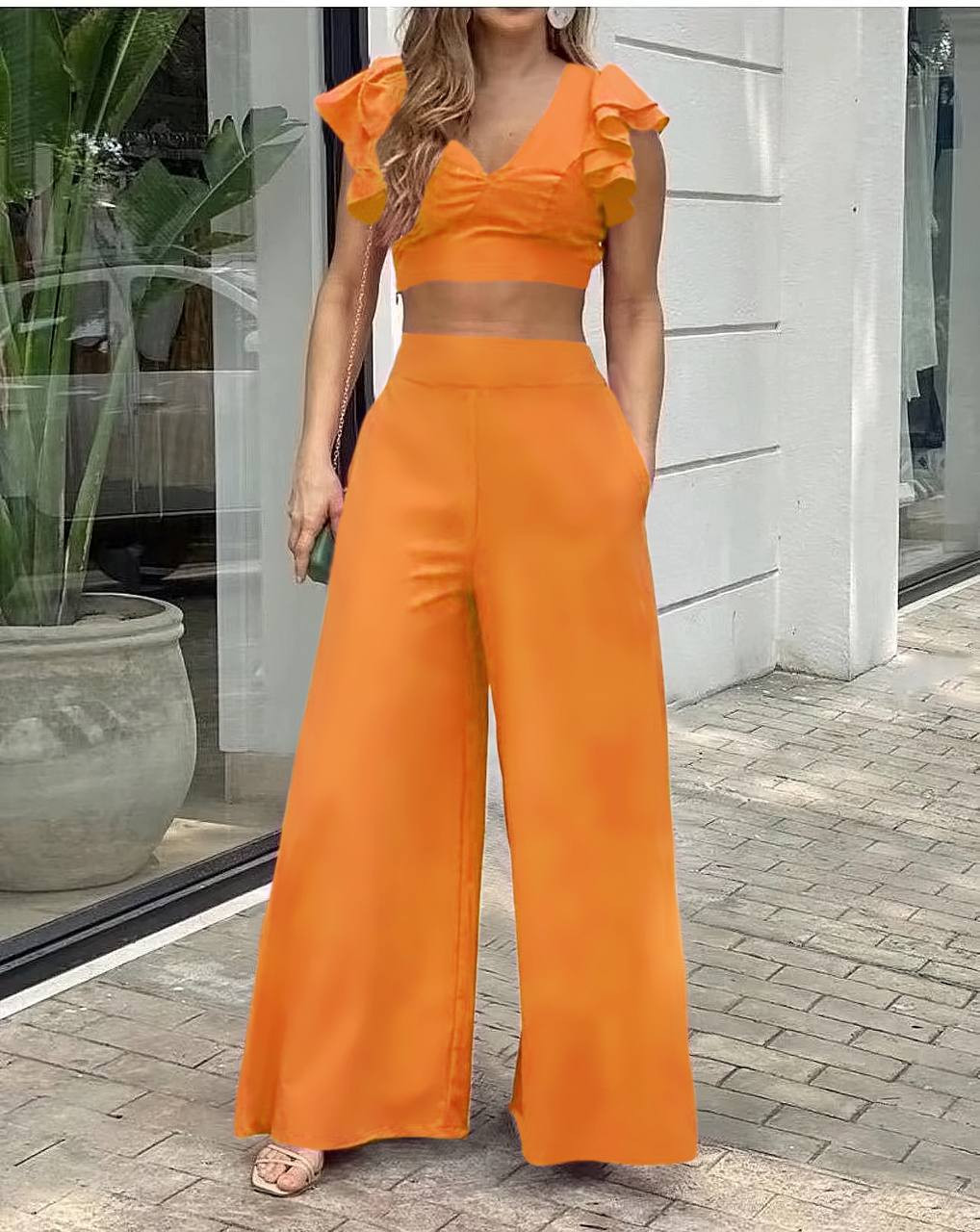 Γυναικείο μονόχρωμο σετ παντελόνι τοπάκι 6390 πορτοκαλί