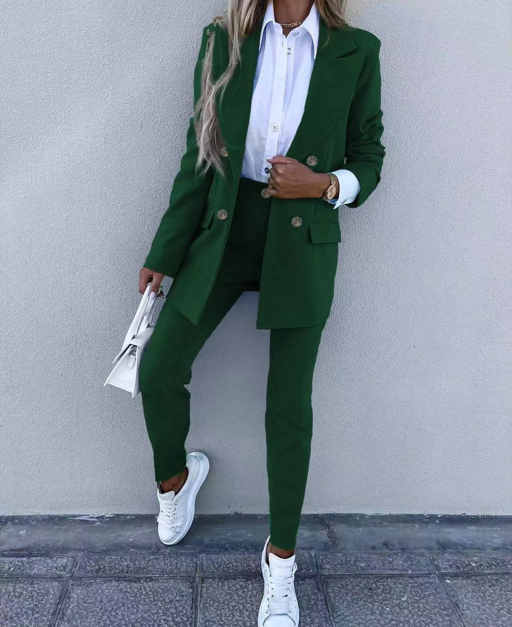 Γυναικείο σετ σακάκι και παντελόνι 59127 σκούρο πράσινο