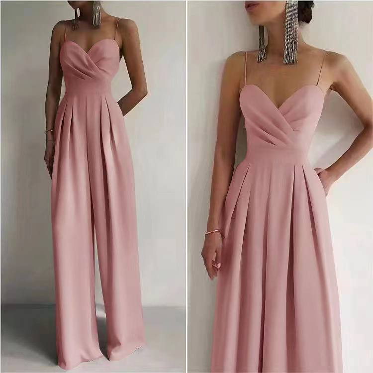 Γυναικεία ολόσωμη φόρμα με λεπτές τιράντες 6451 ροζ