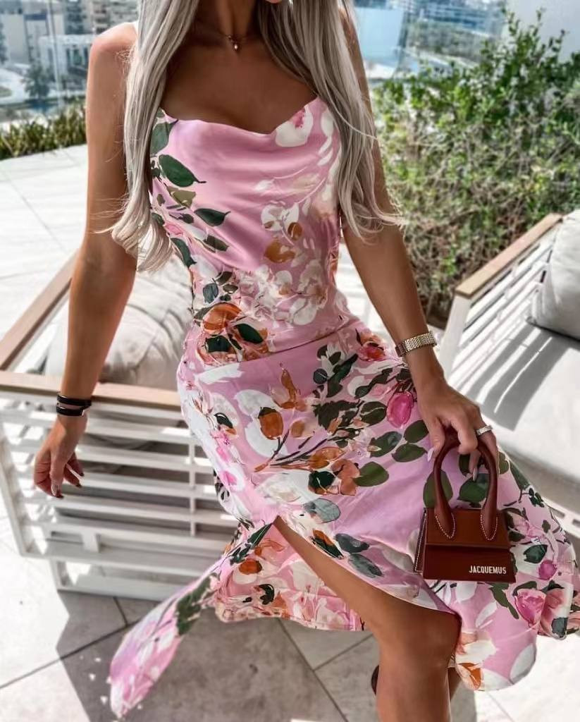 Γυναικείο σατέν φόρεμα με λουλούδια 6483 ροζ