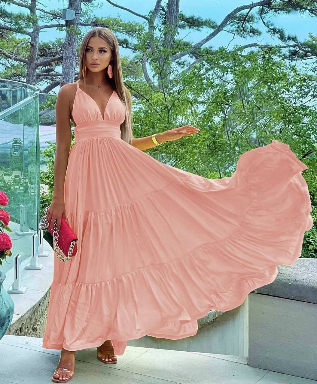 Γυναικείο μακρύ φόρεμα 8487 ροζ