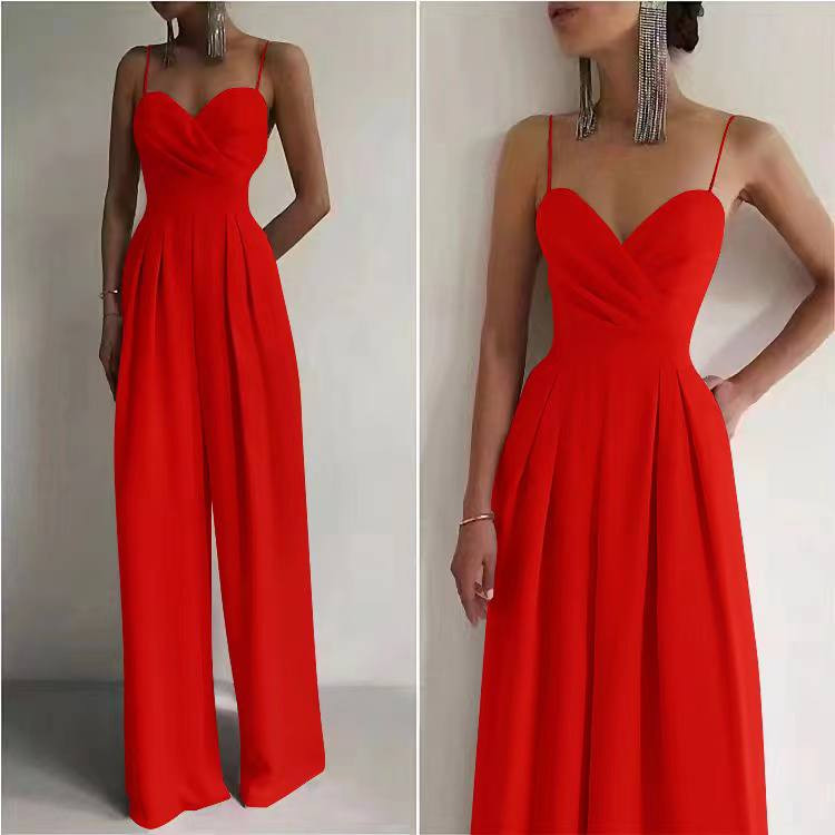 Γυναικεία ολόσωμη φόρμα με λεπτές τιράντες 6451 κόκκινο
