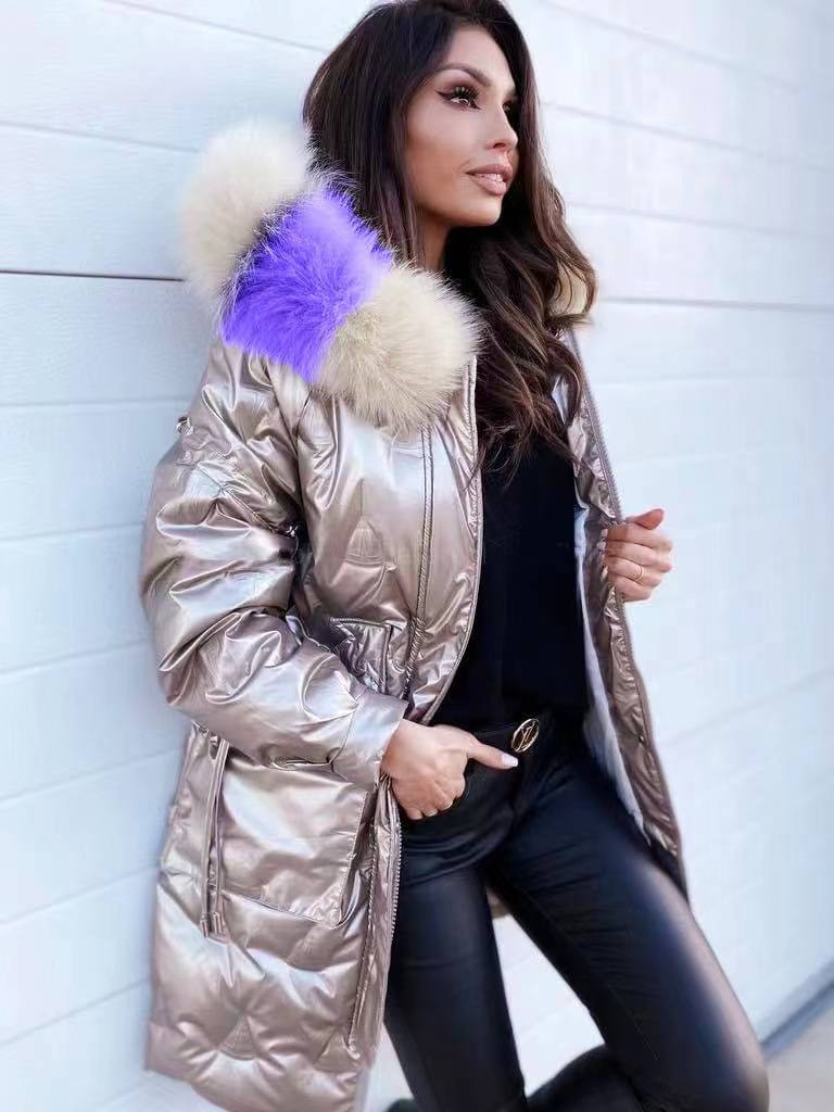 Γυναικείο μπουφάν με γούνα στον γιακά και κουκούλα MF2102 χρυσό