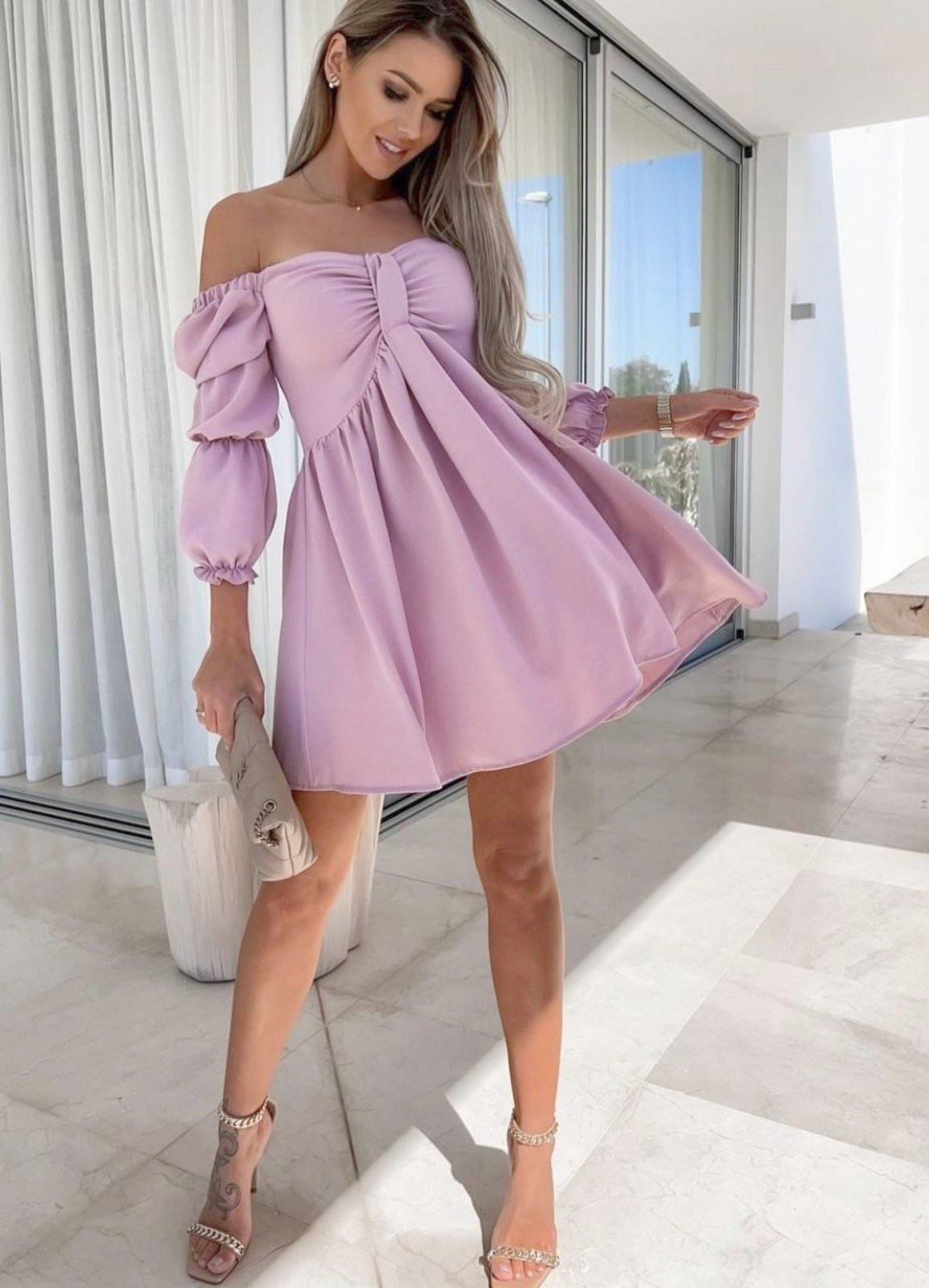 Γυναικείο φόρεμα με στρογγυλή λαιμόκοψη 1372 ροζ