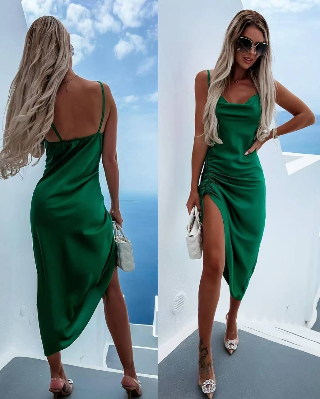 Γυναικείο σατέν φόρεμα 6569 πράσινο