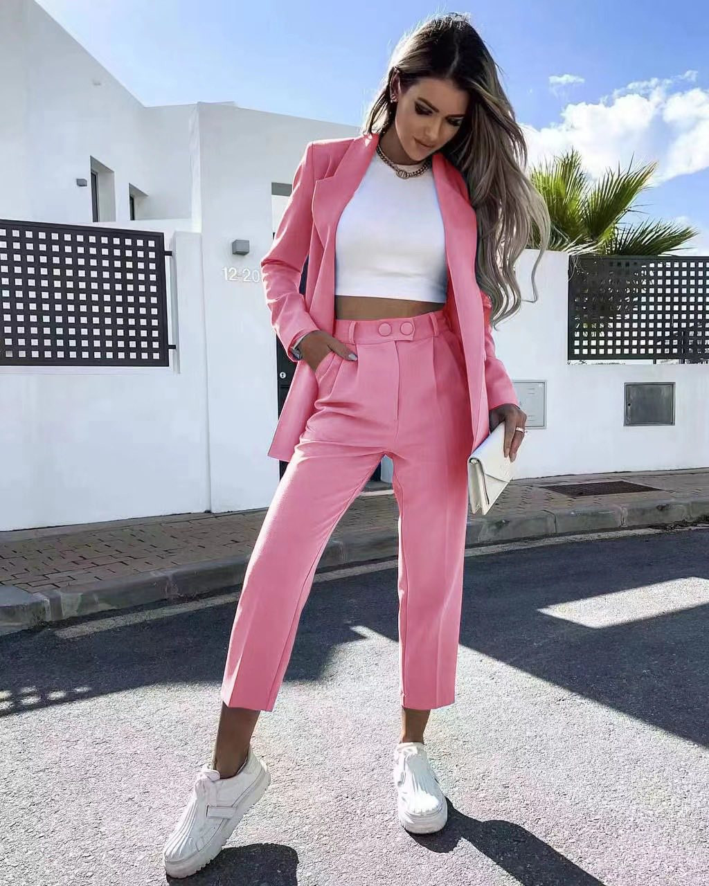 Γυναικείο σετ σακάκι και παντελόνι 6421 ροζ