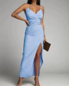 Γυναικείο κομψό φόρεμα με σκίσιμο X6453 γαλάζιο