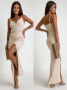 Γυναικείο κομψό φόρεμα με σκίσιμο X6453 μπεζ