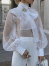 Γυναικείο τούλινο πουκάμισο με φιόγκο ET4333 άσπρο