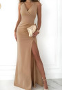 Γυναικείο μακρύ φόρεμα με σκίσιμο A1876 καμηλό