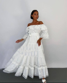Γυναικείο μακρύ φόρεμα με δαντέλα N2158 λευκό