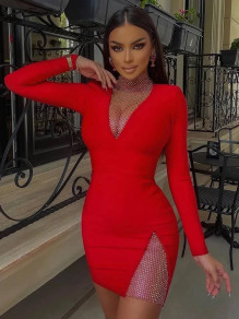 Γυναικείο φόρεμα με Glitter δίχτυ στο ντεκολτέ και στο πλάι 3045 κόκκινο