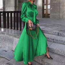 Γυναικείο φόρεμα σατέν με φιόγκο στο λαιμό 2525 πράσινο