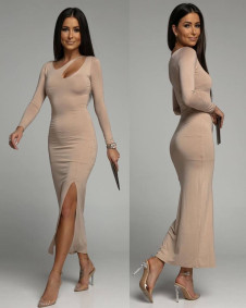 Γυναικείο μακρύ φόρεμα με εντυπωσιακό ντεκολτέ 5330 μπεζ