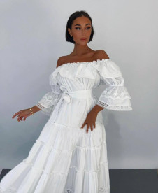 Γυναικείο μακρύ φόρεμα με δαντέλα N2158 λευκό