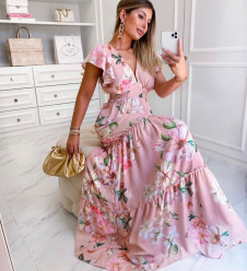 Γυναικείο εντυπωσιακό φόρεμα φλοράλ 21255 ροζ