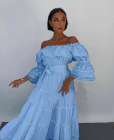Γυναικείο μακρύ φόρεμα με δαντέλα N2158 γαλάζιο
