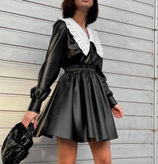 Γυναικείο δερμάτινο φόρεμα με γιακά M1233 μαύρο
