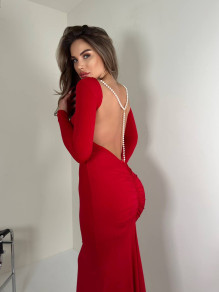 Γυναικείο ελκυστικό μακρύ φόρεμα με πέρλες BF2259 κόκκινο