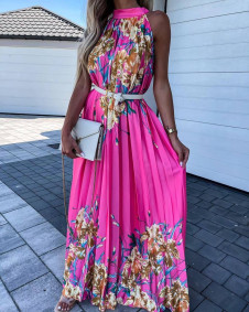 Γυναικείο μακρύ φόρεμα με φλοράλ print FG1425 ροζ