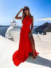 Γυναικείο μακρύ σατέν φόρεμα X6545 κόκκινο