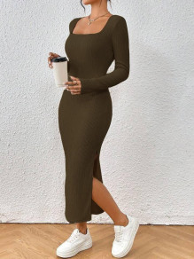 Γυναικείο φόρεμα με τετράγωνο ντεκολτέ AR3096 λαδί