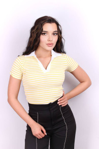 Γυναικεία μπλούζα με γιακά Pk21176 κίτρινο ριγέ
