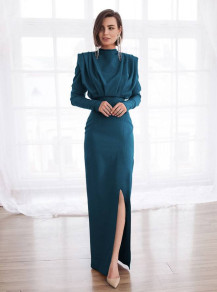 Γυναικείο μακρύ φόρεμα με σκίσιμο K09500 μπλε πετρόλ 