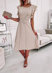 Γυναικείο σολέιγ φόρεμα με ζώνη X6381 μπεζ