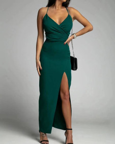 Γυναικείο κομψό φόρεμα με σκίσιμο X6453 σκούρο πράσινο