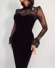 Γυναικείο κομψό φόρεμα με δαντέλα NI2144 μαύρο