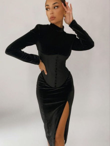 Γυναικείο βελούδινο Φόρεμα με Σκίσιμο M1397 Μαύρο