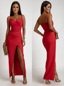 Γυναικείο κομψό φόρεμα με σκίσιμο X6453 κόκκινο