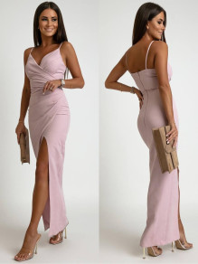 Γυναικείο κομψό φόρεμα με σκίσιμο X6453 ροζ
