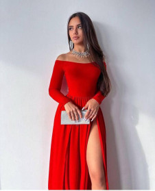 Γυναικείο μακρύ φόρεμα με εντυπωσιακά σκισίματα LP5104 κόκκινο