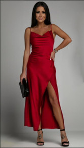 Γυναικείο σατέν φόρεμα με σκίσιμο K8520 κόκκινο