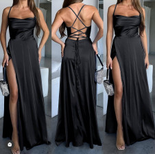 Γυναικείο μακρύ φόρεμα σατέν A1694 μαύρο