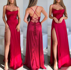 Γυναικείο μακρύ φόρεμα σατέν A1694 κόκκινο