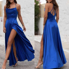 Γυναικείο μακρύ φόρεμα σατέν A1694 μπλε