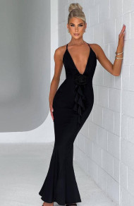 Γυναικείο μακρύ φόρεμα με έμφαση τριαντάφυλλο LPB5118 μαύρο