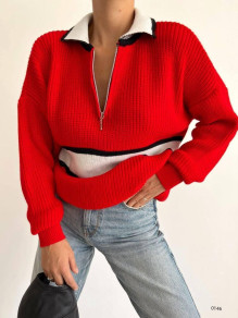 Γυναικείο πουλόβερ με φερμουάρ και γιακά E0148 κόκκινο